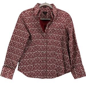 Talbots Scroll Print Shirt 2P‎ Red White Stretch Petite Button Up Office Heart